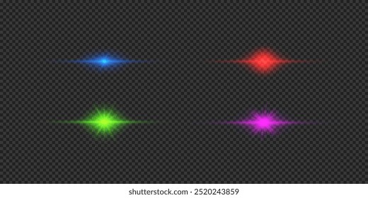 Light effect of lens flares. Four multicolor horizontal glowing light starburst effects with sparkles on a grey transparent background. Vector illustration