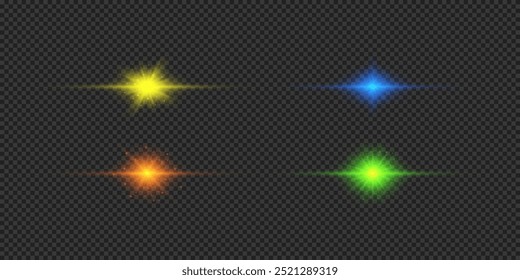 Light effect of lens flares. Four multicolor horizontal glowing light starburst effects with sparkles on a grey transparent background. Vector illustration