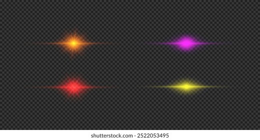 Light effect of lens flares. Four multicolor horizontal glowing light starburst effects with sparkles on a grey transparent background. Vector illustration
