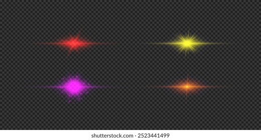 Efecto de luz de los destellos de la lente. Cuatro efectos de estallido de luz brillante Horizontal multicolor con destellos sobre un fondo transparente gris. Ilustración vectorial