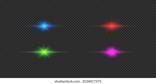 Lichteffekt von Linsenfackeln. Vier mehrfarbige horizontale glühende Licht-Stern-Effekte mit glitzernden auf grauem, transparentem Hintergrund. Vektorgrafik
