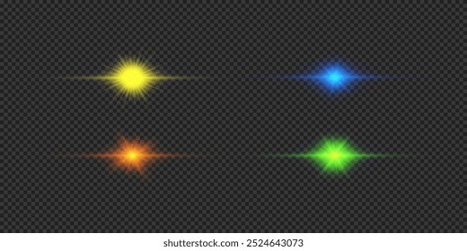 Light effect of lens flares. Four multicolor horizontal glowing light starburst effects with sparkles on a grey transparent background. Vector illustration