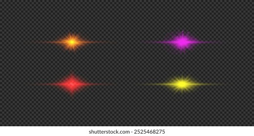 Light effect of lens flares. Four multicolor horizontal glowing light starburst effects with sparkles on a grey transparent background. Vector illustration
