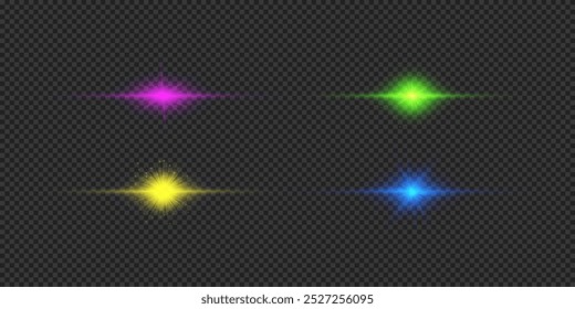Lichteffekt von Linsenfackeln. Vier mehrfarbige horizontale glühende Licht-Stern-Effekte mit glitzernden auf grauem, transparentem Hintergrund. Vektorgrafik
