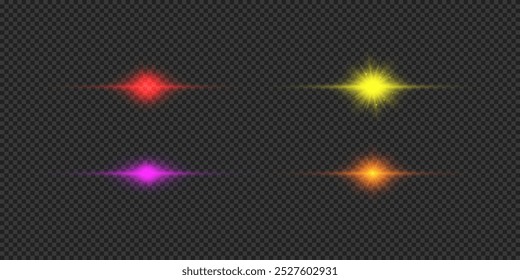 Light effect of lens flares. Four multicolor horizontal glowing light starburst effects with sparkles on a grey transparent background. Vector illustration