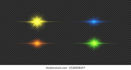 Light effect of lens flares. Four multicolor horizontal glowing light starburst effects with sparkles on a grey transparent background. Vector illustration