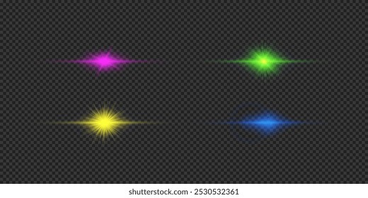 Efecto de luz de los destellos de la lente. Cuatro efectos de estallido de luz brillante Horizontal multicolor con destellos sobre un fondo transparente gris. Ilustración vectorial