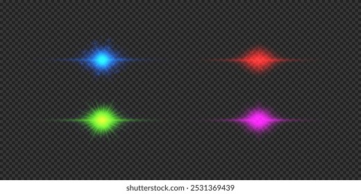 Light effect of lens flares. Four multicolor horizontal glowing light starburst effects with sparkles on a grey transparent background. Vector illustration