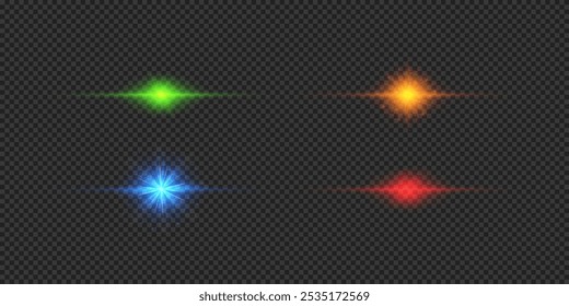 Efecto de luz de los destellos de la lente. Cuatro efectos de estallido de luz brillante Horizontal multicolor con destellos sobre un fondo transparente gris. Ilustración vectorial