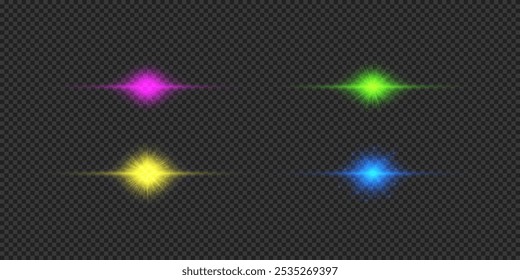 Light effect of lens flares. Four multicolor horizontal glowing light starburst effects with sparkles on a grey transparent background. Vector illustration