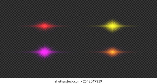 Light effect of lens flares. Four multicolor horizontal glowing light starburst effects with sparkles on a grey transparent background. Vector illustration