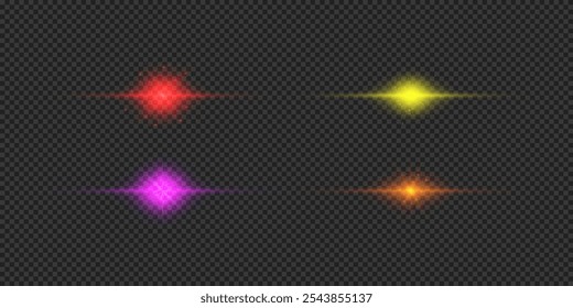 Efecto de luz de los destellos de la lente. Cuatro efectos de estallido de luz brillante Horizontal multicolor con destellos sobre un fondo transparente gris. Ilustración vectorial