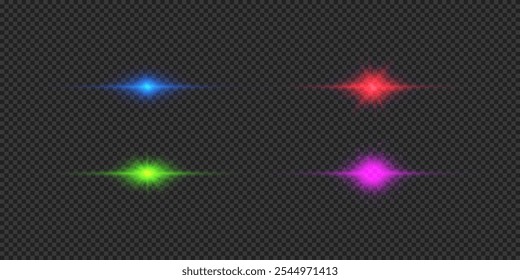 Light effect of lens flares. Four multicolor horizontal glowing light starburst effects with sparkles on a grey transparent background. Vector illustration