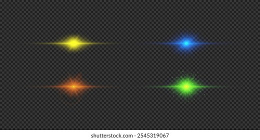 Light effect of lens flares. Four multicolor horizontal glowing light starburst effects with sparkles on a grey transparent background. Vector illustration