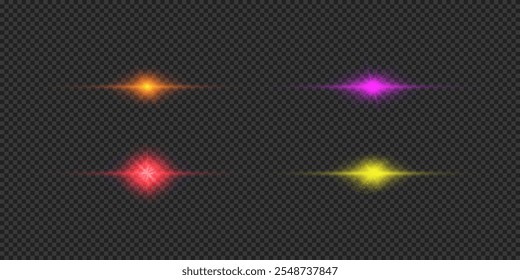Lichteffekt von Linsenfackeln. Vier mehrfarbige horizontale glühende Licht-Stern-Effekte mit glitzernden auf grauem, transparentem Hintergrund. Vektorgrafik