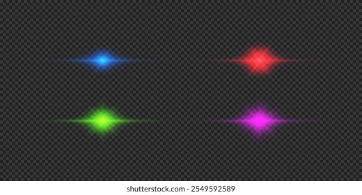 Light effect of lens flares. Four multicolor horizontal glowing light starburst effects with sparkles on a grey transparent background. Vector illustration