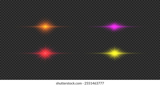 Efeito de luz de clarões de lente. Quatro efeitos multicoloridos horizontais brilhantes de luz starburst com brilhos em um fundo cinza transparente. Ilustração vetorial