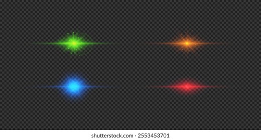 Light effect of lens flares. Four multicolor horizontal glowing light starburst effects with sparkles on a grey transparent background. Vector illustration