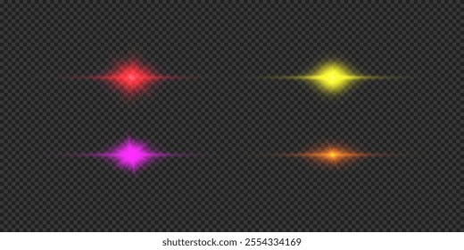 Light effect of lens flares. Four multicolor horizontal glowing light starburst effects with sparkles on a grey transparent background. Vector illustration