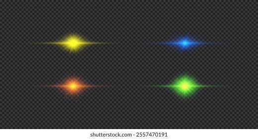 Light effect of lens flares. Four multicolor horizontal glowing light starburst effects with sparkles on a grey transparent background. Vector illustration