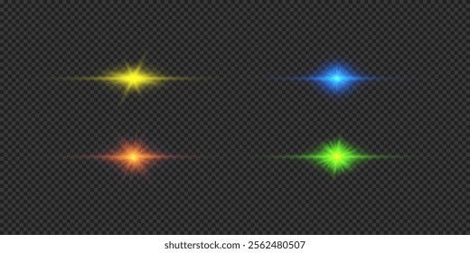 Light effect of lens flares. Four multicolor horizontal glowing light starburst effects with sparkles on a grey transparent background. Vector illustration