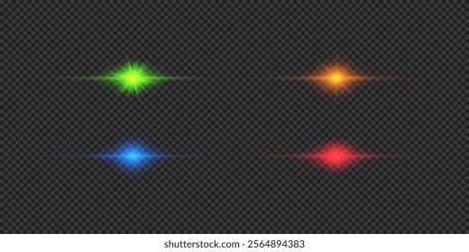Light effect of lens flares. Four multicolor horizontal glowing light starburst effects with sparkles on a grey transparent background. Vector illustration