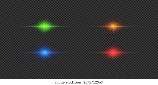 Light effect of lens flares. Four multicolor horizontal glowing light starburst effects with sparkles on a grey transparent background. Vector illustration