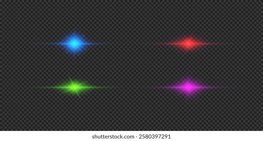 Light effect of lens flares. Four multicolor horizontal glowing light starburst effects with sparkles on a grey transparent background. Vector illustration