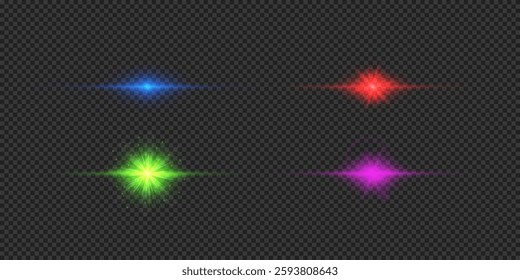 Light effect of lens flares. Four multicolor horizontal glowing light starburst effects with sparkles on a grey transparent background. Vector illustration