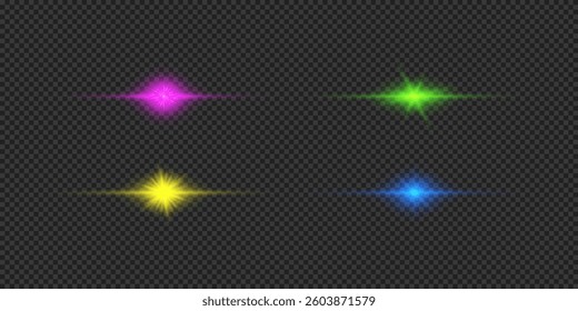 Light effect of lens flares. Four multicolor horizontal glowing light starburst effects with sparkles on a grey transparent background. Vector illustration