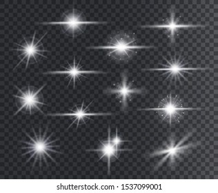 Light effect. Lens Flares, glow light starburst effects with sparkles and rays. Christmas design radiance elements Isolated vector set