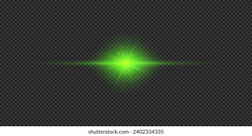 Lichteffekt der Linsenfackel. Grüner, horizontaler heller Starburst-Effekt mit Funkeln auf grauem, transparentem Hintergrund. Vektorgrafik