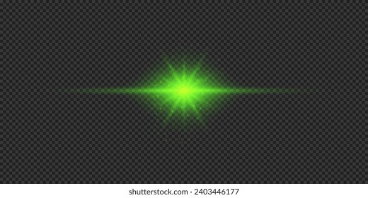 Light effect of lens flares. Green horizontal glowing light starburst effect with sparkles on a grey transparent background. Vector illustration