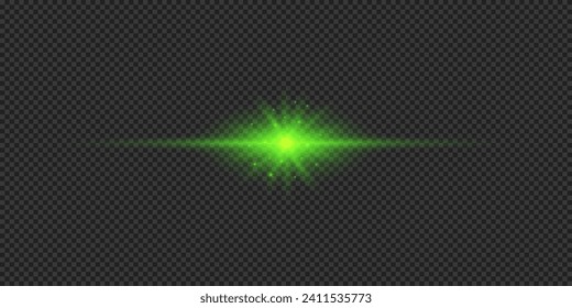 Light effect of lens flares. Green horizontal glowing light starburst effect with sparkles on a grey transparent background. Vector illustration