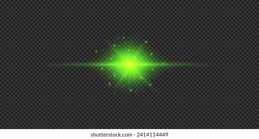 Efecto luminoso de las bengalas de la lente. Efecto de arranque de luz verde horizontal brillante con destellos sobre un fondo transparente gris. Ilustración del vector