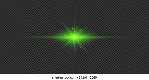Efecto lumínico de los destellos de lente. Efecto Starburst de luz brillante horizontal verde con destellos sobre un fondo transparente gris. Ilustración de vector