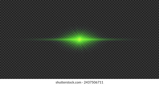 Efecto lumínico de los destellos de lente. Efecto Starburst de luz brillante horizontal verde con destellos sobre un fondo transparente gris. Ilustración de vector