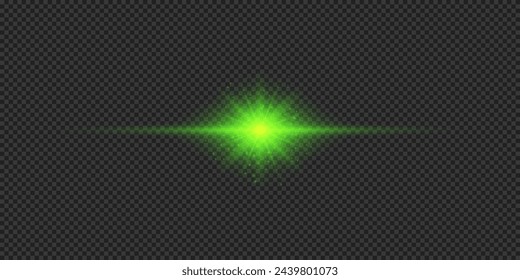 Efecto lumínico de los destellos de lente. Efecto Starburst de luz brillante horizontal verde con destellos sobre un fondo transparente gris. Ilustración de vector