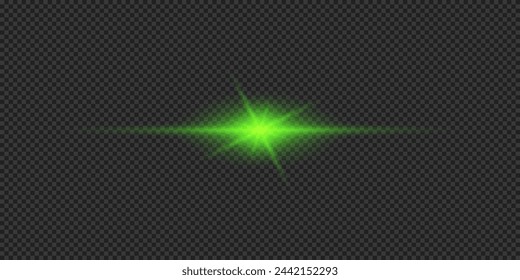 Light effect of lens flares. Green horizontal glowing light starburst effect with sparkles on a grey transparent background. Vector illustration