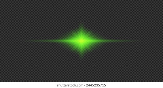 Lichteffekt von Linsenblendeffekten Grün Horizontal leuchtender Lichtstarburst-Effekt mit Funkeln auf grauem, durchsichtigem Hintergrund. Vektorillustration
