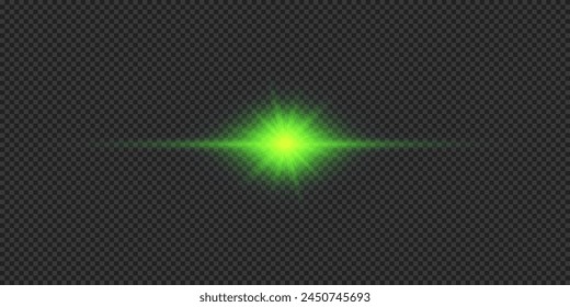 Light effect of lens flares. Green horizontal glowing light starburst effect with sparkles on a grey transparent background. Vector illustration