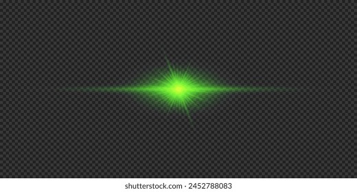 Light effect of lens flares. Green horizontal glowing light starburst effect with sparkles on a grey transparent background. Vector illustration