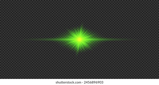 Light effect of lens flares. Green horizontal glowing light starburst effect with sparkles on a grey transparent background. Vector illustration