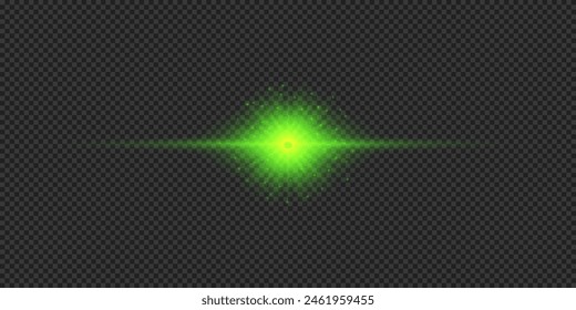 Efecto lumínico de los destellos de lente. Efecto Starburst de luz brillante Horizontal verde con destellos sobre un fondo transparente gris. Ilustración vectorial