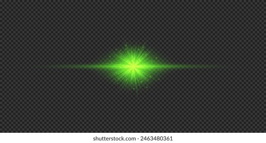 Light effect of lens flares. Green horizontal glowing light starburst effect with sparkles on a grey transparent background. Vector illustration