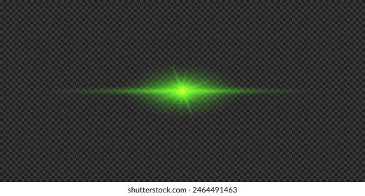 Light effect of lens flares. Green horizontal glowing light starburst effect with sparkles on a grey transparent background. Vector illustration