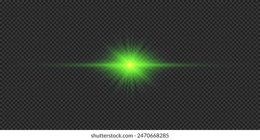 Light effect of lens flares. Green horizontal glowing light starburst effect with sparkles on a grey transparent background. Vector illustration