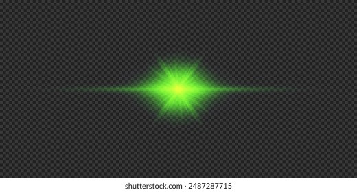 Light effect of lens flares. Green horizontal glowing light starburst effect with sparkles on a grey transparent background. Vector illustration