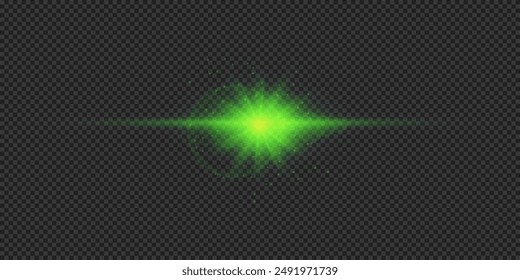 Light effect of lens flares. Green horizontal glowing light starburst effect with sparkles on a grey transparent background. Vector illustration