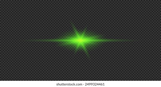 Light effect of lens flares. Green horizontal glowing light starburst effect with sparkles on a grey transparent background. Vector illustration